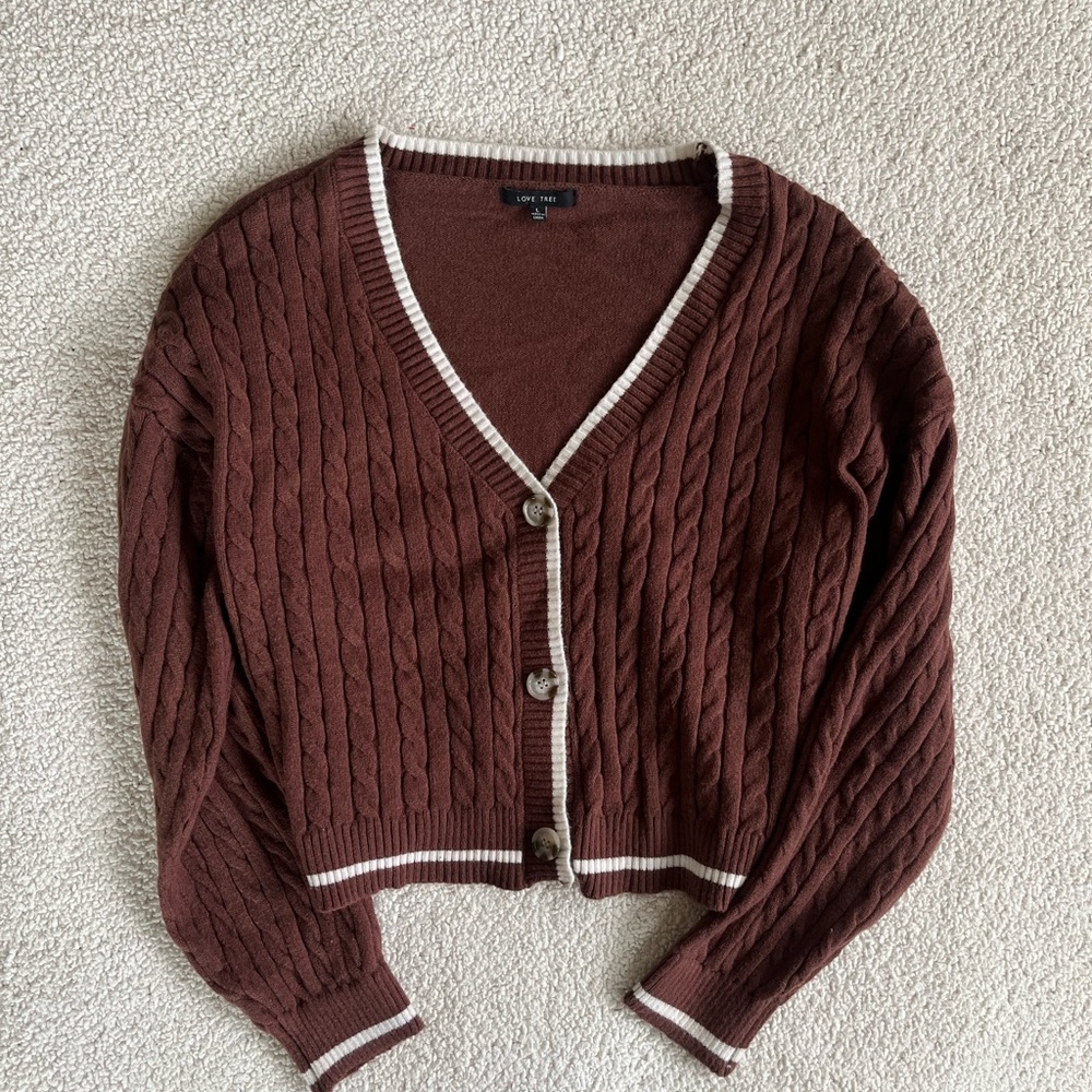 Love Tree Chocolate academy minimalist Cable Knit Cardigan L